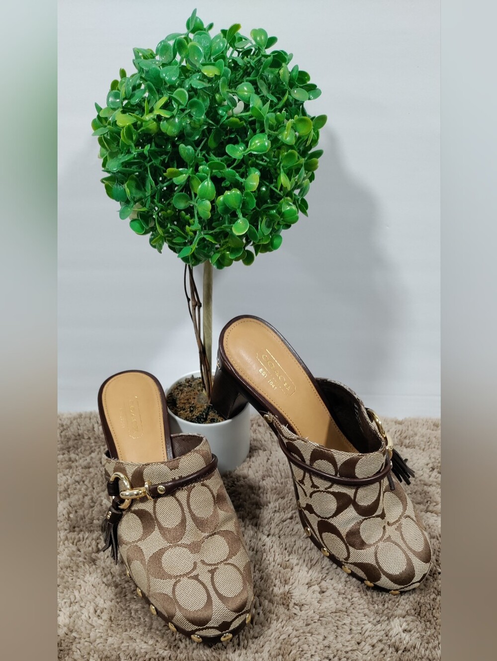 Coach Signature C Jacquard Platform Clog Mules Brown Women’s Size 6.5B